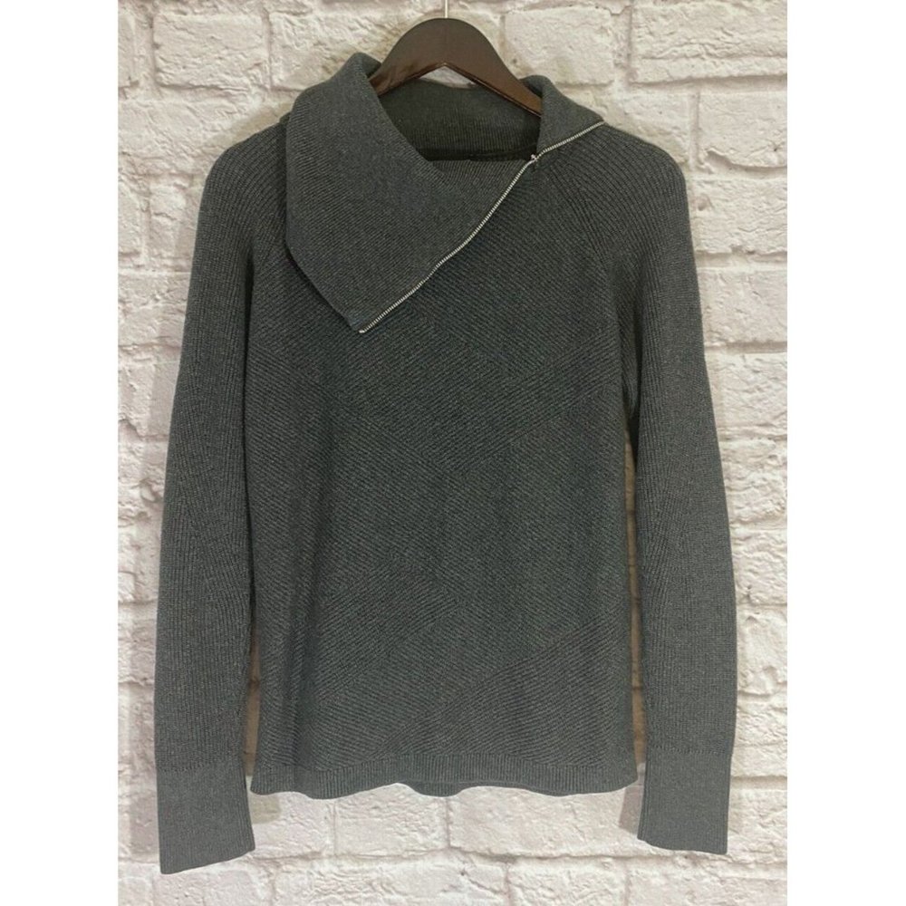 WHITE HOUSE BLACK MARKET Gray Ribbed Zip Cowl Neck Sweater M Cashmere Blend 9305